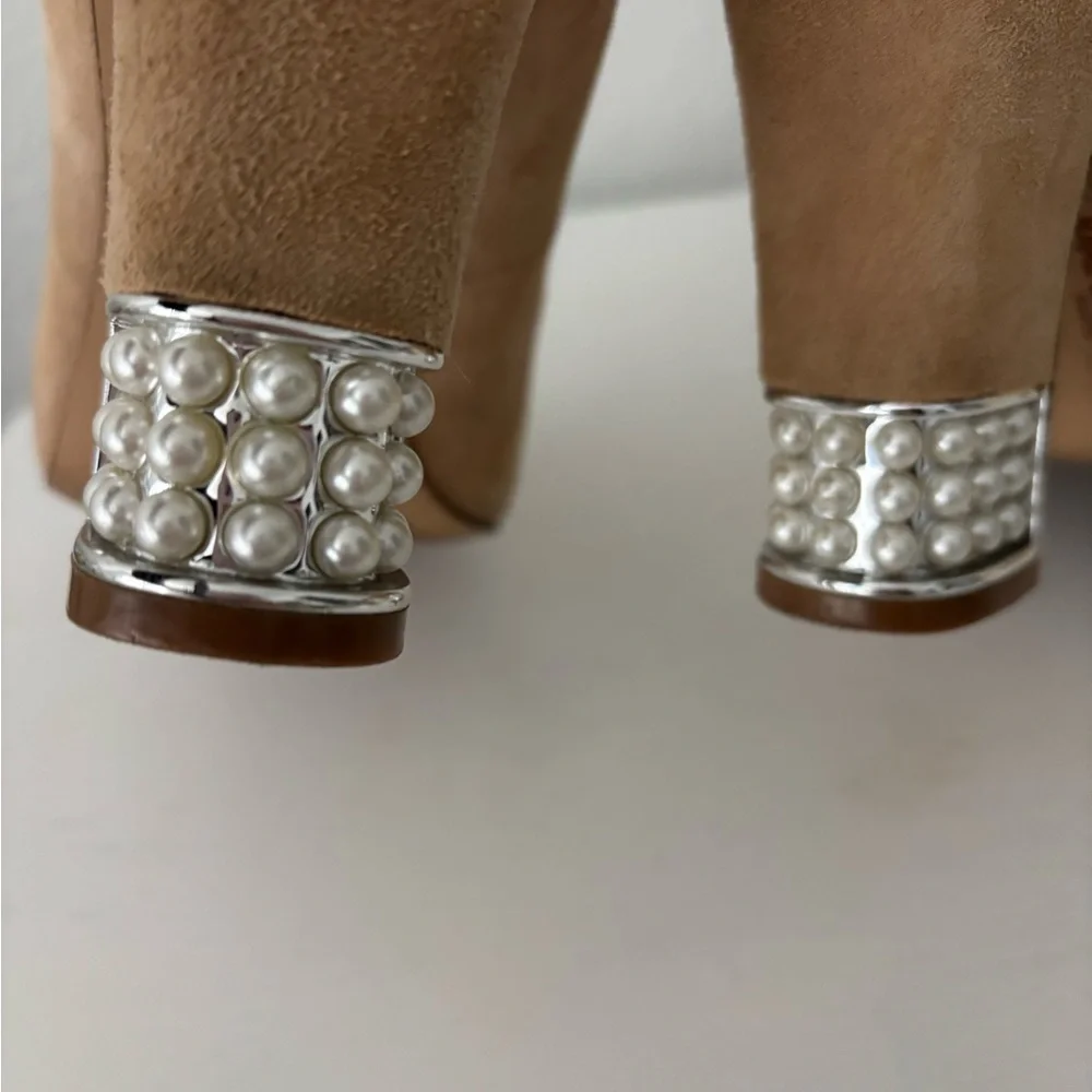 Karl Lagerfeld Naves Cap Round Toe Bow Block Heel Pearls Suede Nude Pumps
